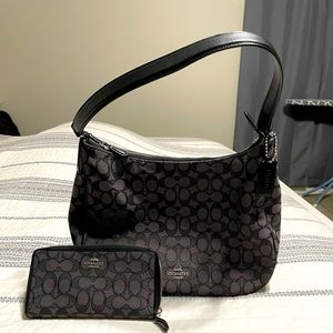 Coach purse and wallet. Dark gray, black, leather strap. Excellent condition!